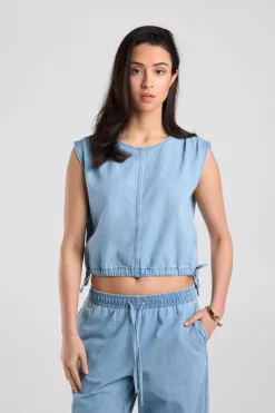 Shirt Inez lichtgewicht denim mouwloos shirt met trekkoord