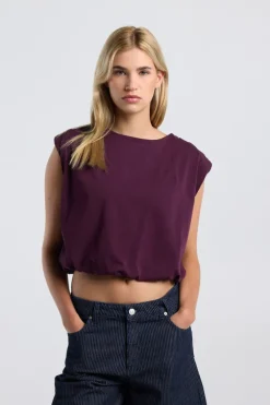 T-shirt Evalien mouwloze top met gathering en elastische zoom